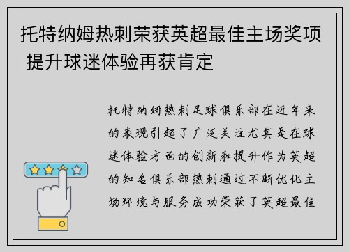 托特纳姆热刺荣获英超最佳主场奖项 提升球迷体验再获肯定