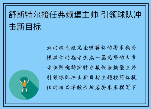 舒斯特尔接任弗赖堡主帅 引领球队冲击新目标